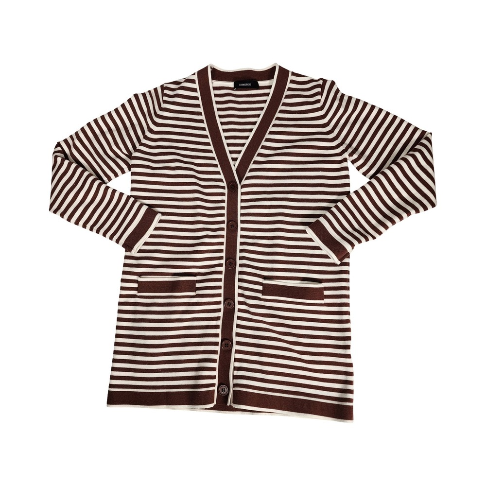 DOKOTOO Brown White Striped V-Neck‎ Button Front Cardigan Sweater Pockets Small